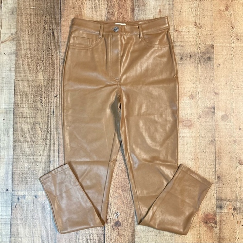 Wilfred Free Aritzia Vegan Leather Skinny Pants Cognac Brown High Waisted Size 2 - Picture 2 of 8
